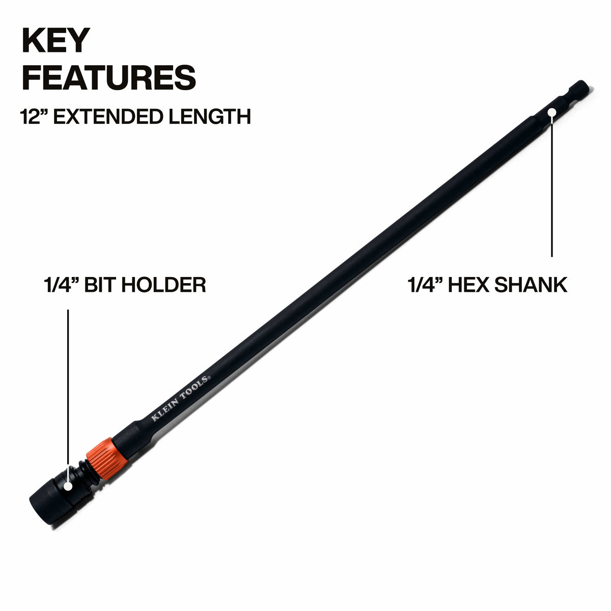 Diagram highlighting key dimensions of the 12-inch Klein 31089 extension, featuring the 1/4-inch bit holder chuck and 1/4-inch hex driver shank.