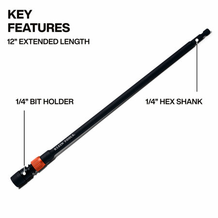 Diagram highlighting key dimensions of the 12-inch Klein 31089 extension, featuring the 1/4-inch bit holder chuck and 1/4-inch hex driver shank.