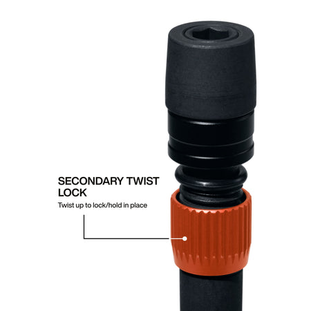 Macro view diagram detailing the secondary orange twist-lock collar on the Klein 31089 extension that twists up to hold driver bits securely.