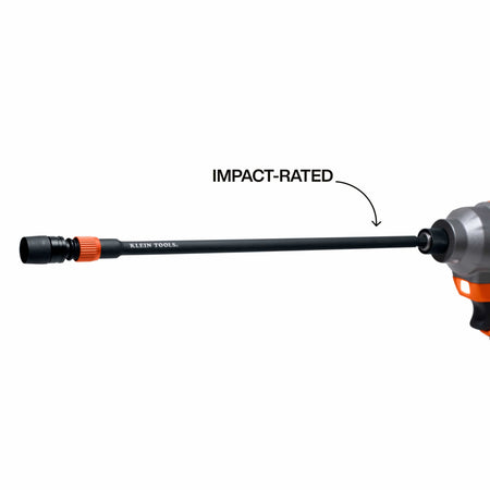 Cordless impact driver fitted with the impact-rated Klein 31089 12-inch dual-lock extension shaft for deep-reach high-torque fastening.