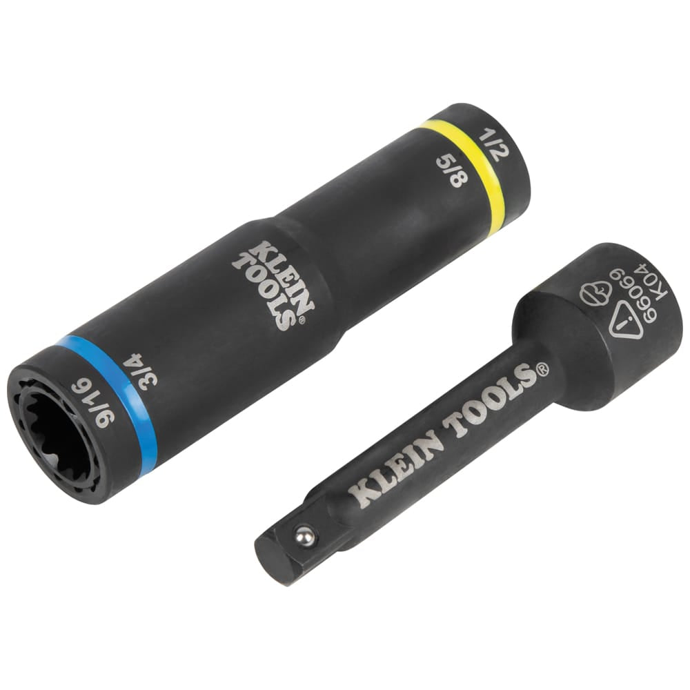 Klein 66009 4-in-1 flip quad socket displaying 1/2, 5/8, 3/4, and 9/16-inch sizes beside its 1/2 to 3/8-inch square drive adapter.