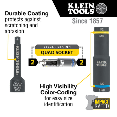 Diagram detailing the 4-in-1 quad socket mechanism, corrosion-resistant black coating, impact rating, and color-coded identification rings.