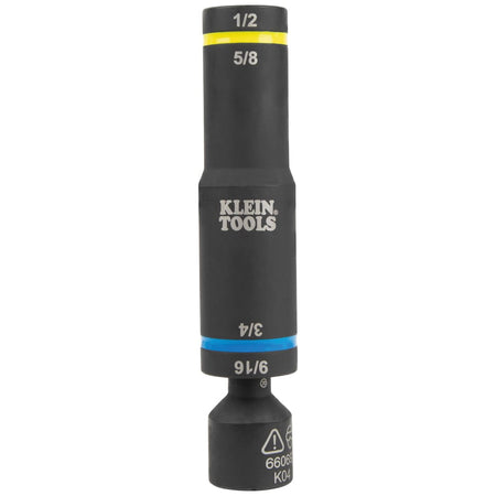 Vertical view of the Klein 66009 flip quad socket mounted on its nested 1/2-inch square drive impact adapter.