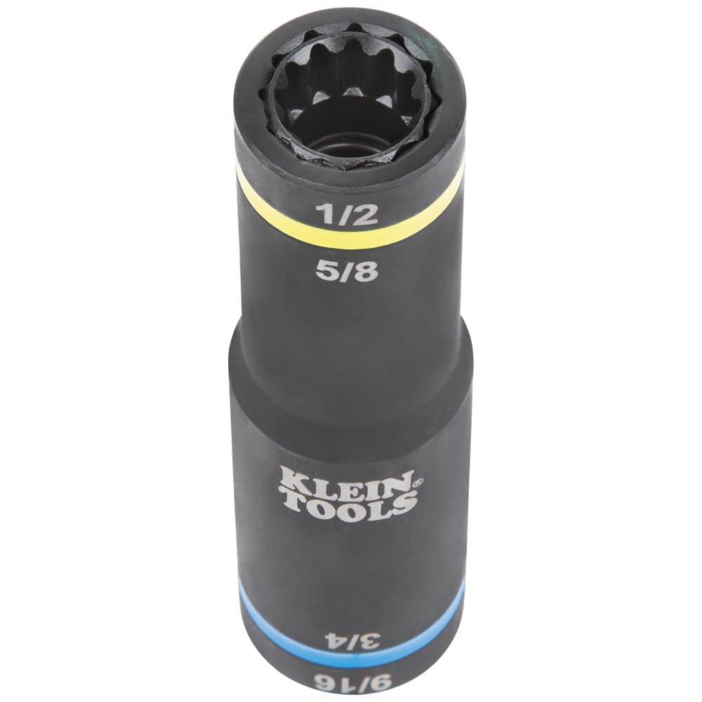 Top-down view inside the 12-point dual-ended flip socket highlighting the coaxial spring-loaded 1/2 and 5/8-inch drive profiles.