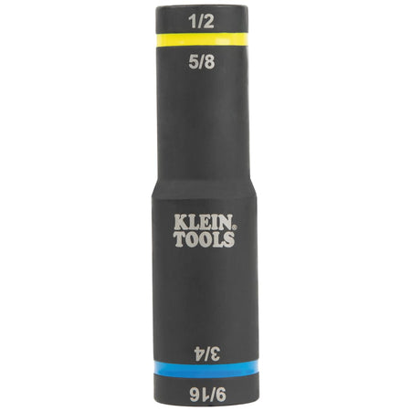 Side view of the Klein 66009 flip quad socket highlighting laser-etched SAE size callouts and high-visibility color bands.