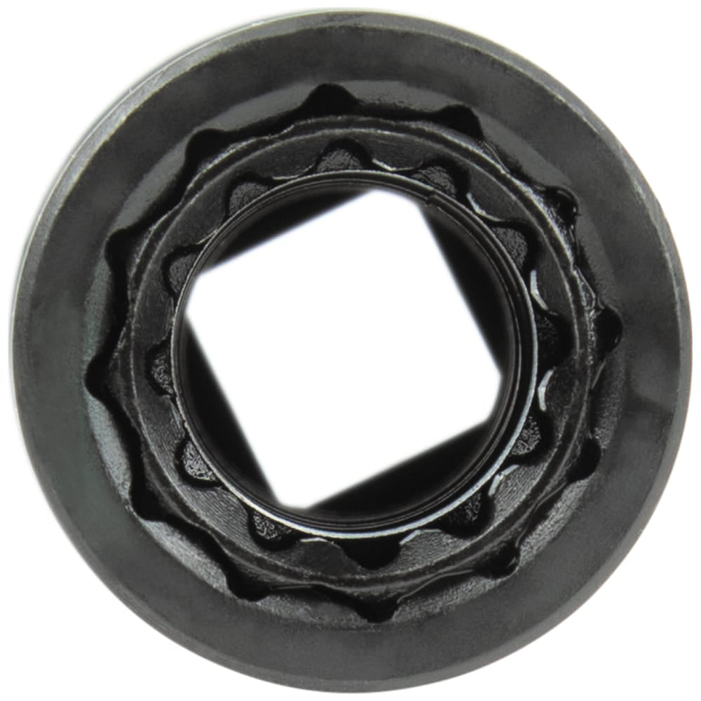 Direct top-down view showing the 12-point socket profile surrounding the internal spring-loaded square drive connection port.