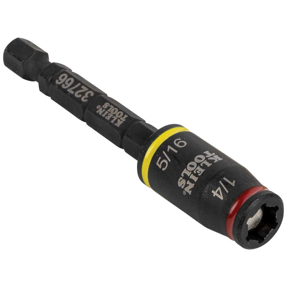 Klein 32766 3-in-1 impact flip socket showing 1/4 and 5/16-inch hex ends with a quick-connect shank and internal magnet.