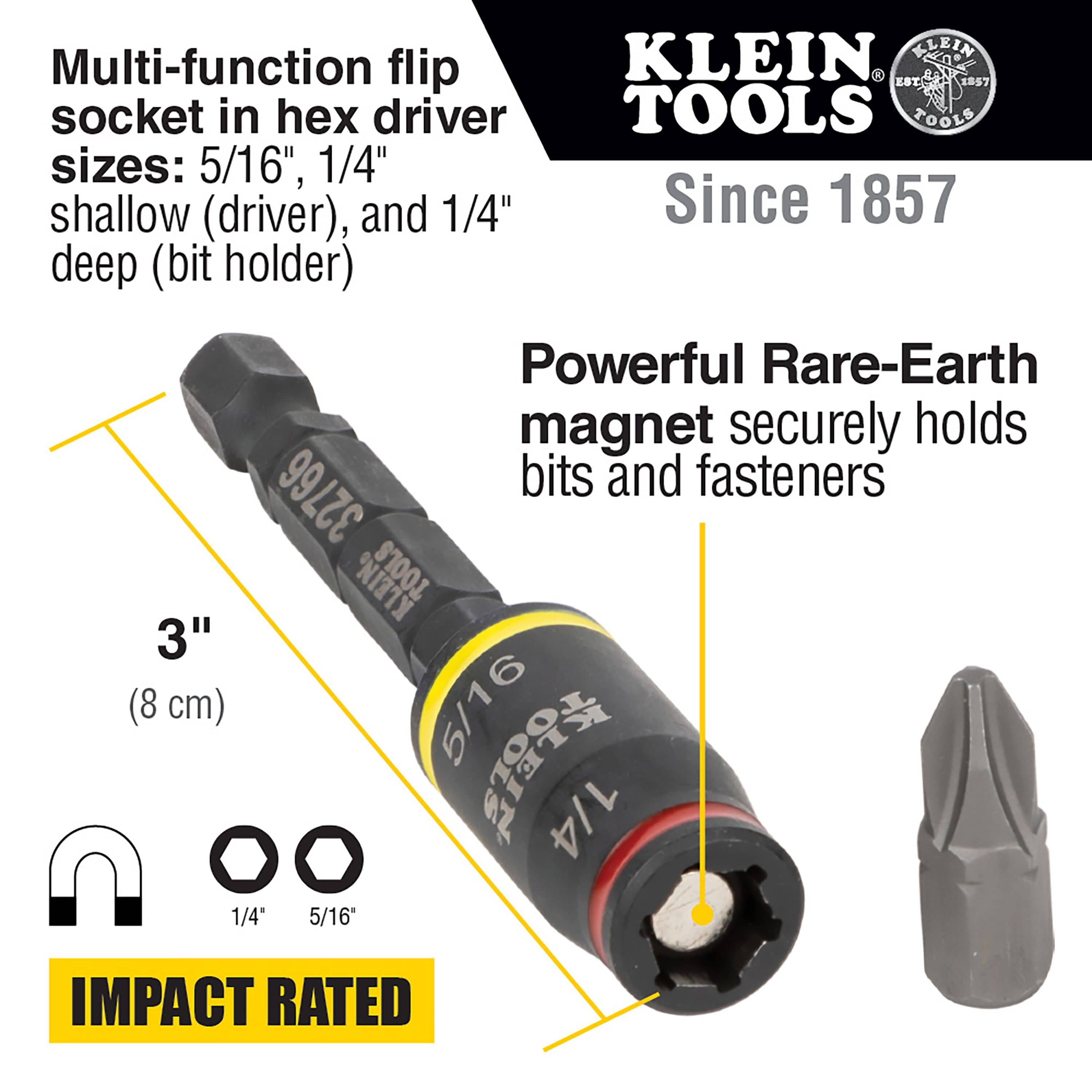 Diagram highlighting 1/4 and 5/16-inch hex driver sizes, 3-inch length, Rare-Earth magnetic retention, and impact rating.
