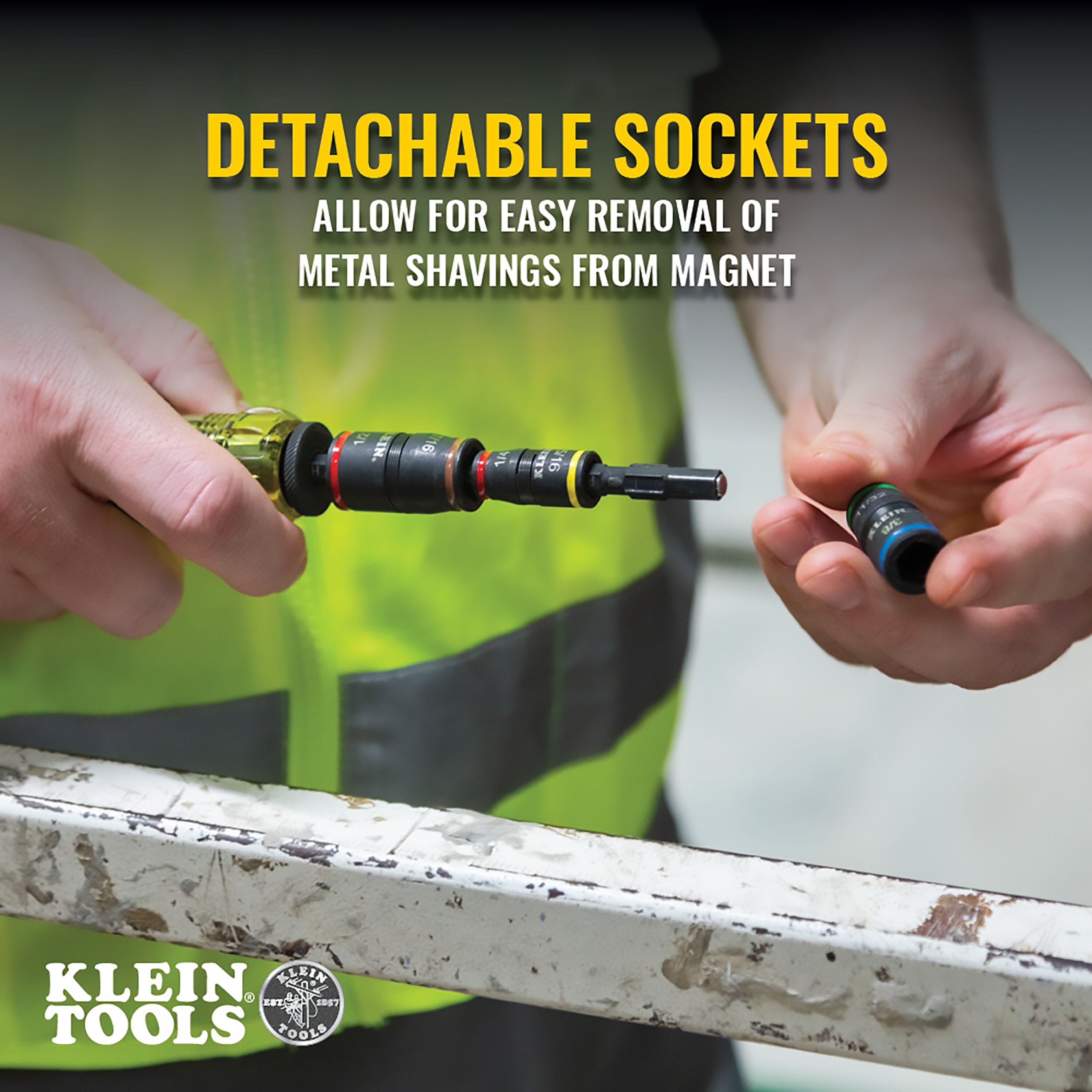 Technician detaching a Klein flip socket to easily clean off metallic shavings and magnetic debris during jobsite use.