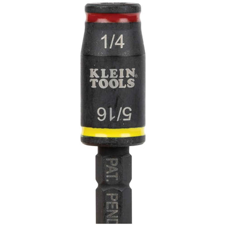 Detailed view of the 1/4 and 5/16-inch color-coded flip socket body mounted on a 1/4-inch quick-connect hex driver shank.