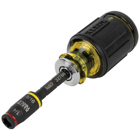 Klein 32766 flip socket attachment installed on a Klein stubby multi-bit handle for manual fastening in low clearance spaces.
