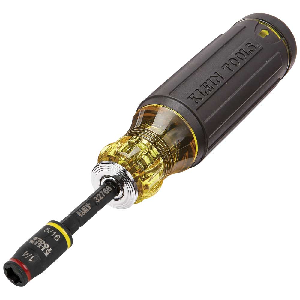 Full view of a Klein multi-bit screwdriver handle fitted with the 32766 3-in-1 flip socket extension for compact manual driving.