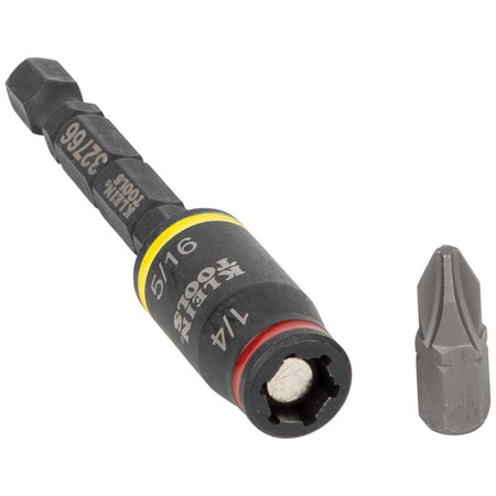 Klein 32766 magnetic 1/4 and 5/16-inch flip socket positioned next to a standard 1/4-inch hex screwdriver insert bit.