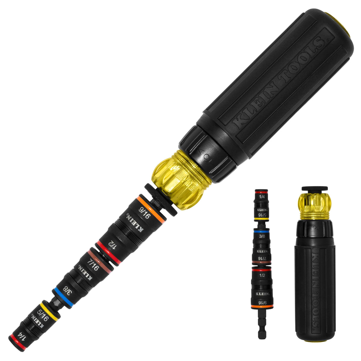 Klein 32910RCHT 7-in-1 SAE set showing three stacked flip sockets, 1/4-inch hex shaft, and quick-connect ratcheting Cushion-Grip handle.