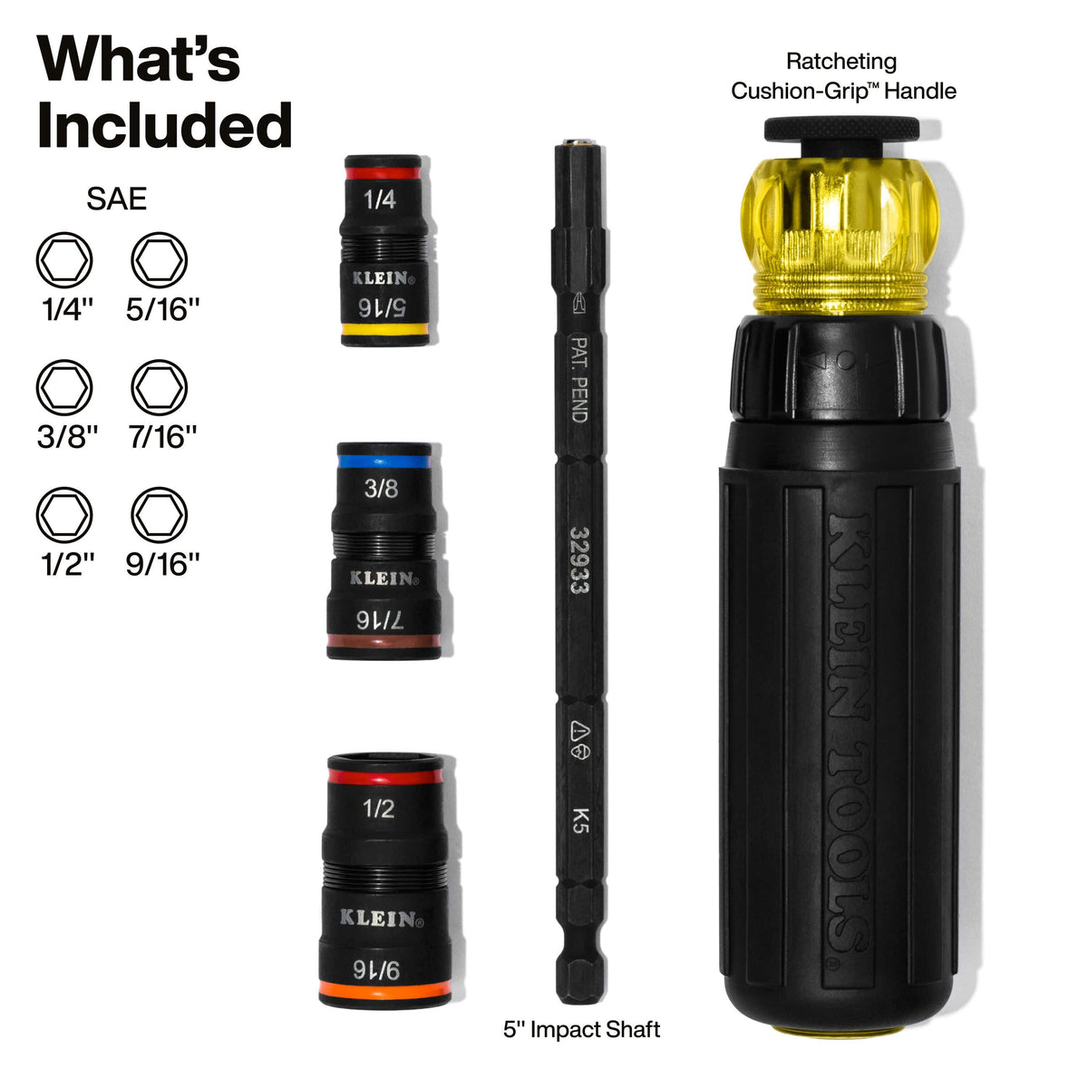 Diagram detailing set pieces: three dual SAE flip sockets (1/4 to 9/16-inch), 5-inch impact extension shaft, and ratcheting handle.