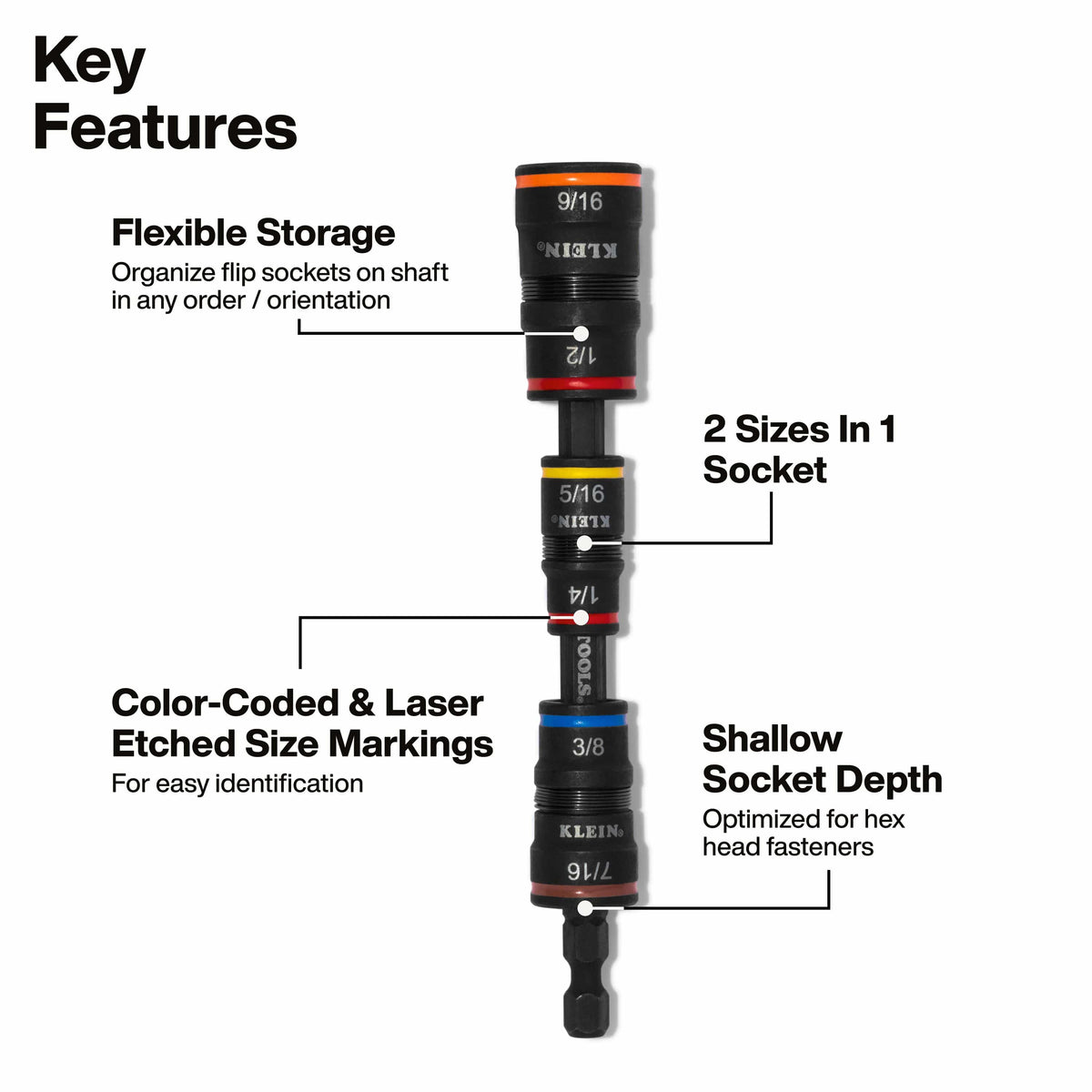 Diagram highlighting 2-in-1 reversible sockets, color-coded size rings, shallow depth, and flexible socket stacking along the extension shaft.