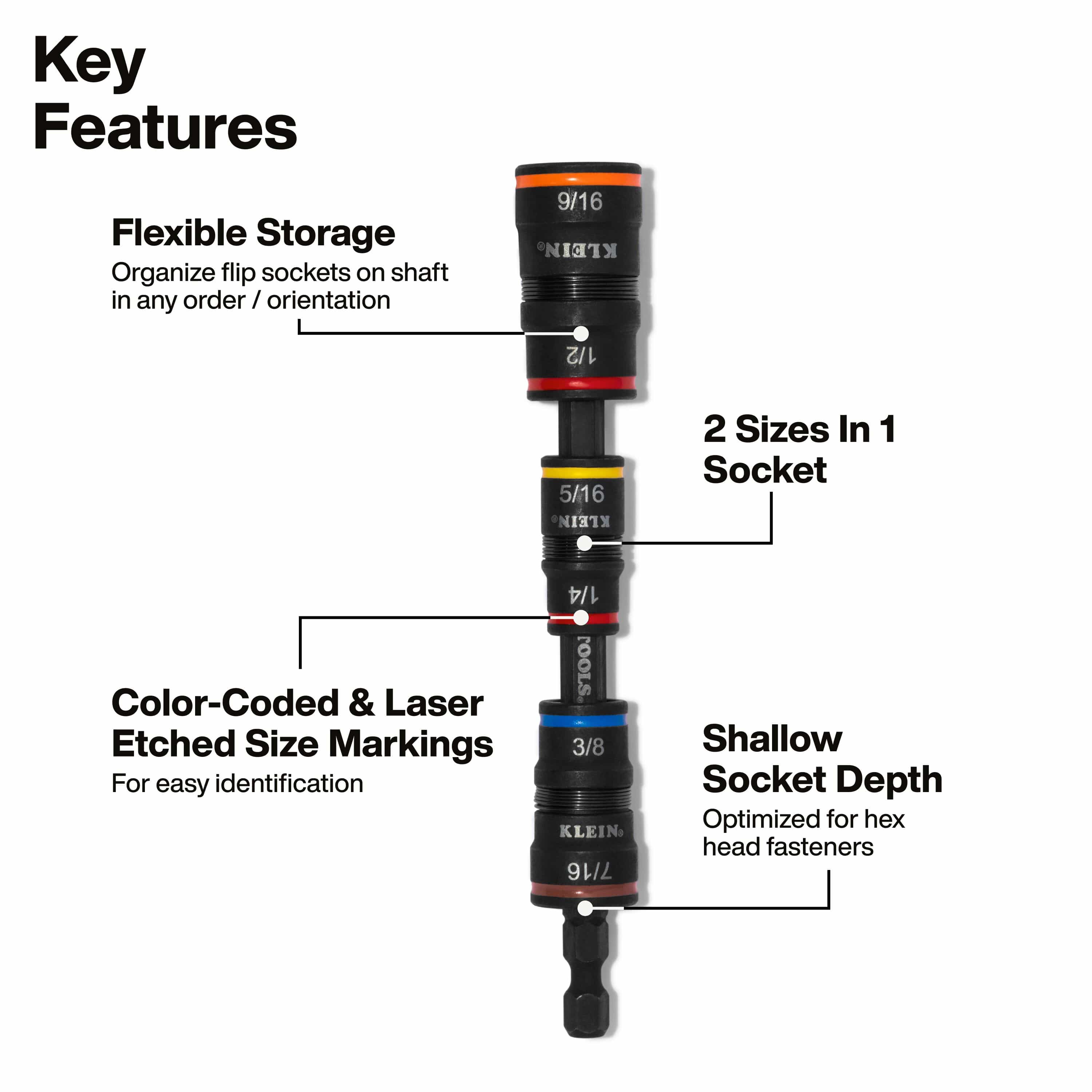 Diagram highlighting 2-in-1 reversible sockets, color-coded size rings, shallow depth, and flexible socket stacking along the extension shaft.
