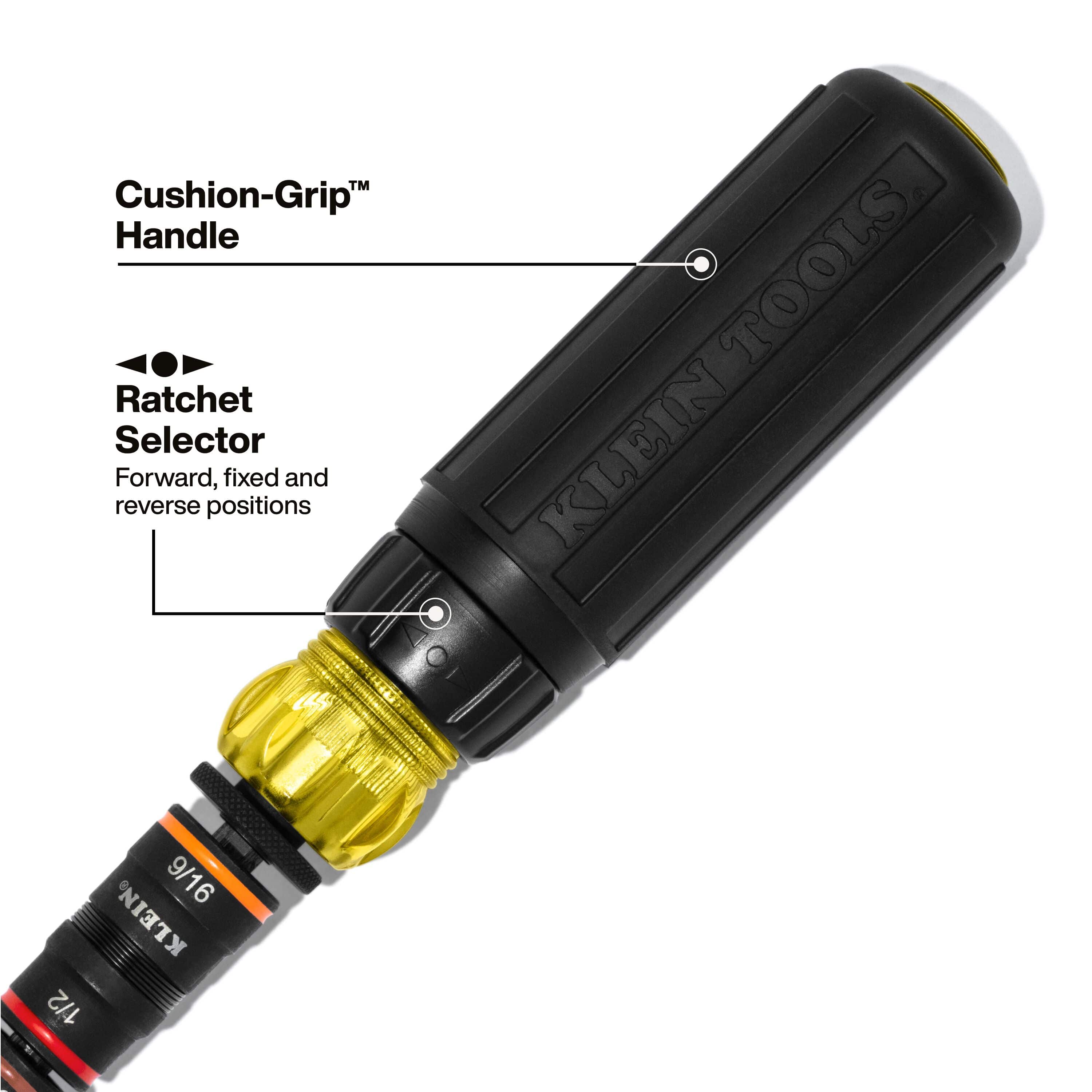 Diagram showing the Cushion-Grip handle and three-position ratchet selector collar for forward, fixed, and reverse ratcheting action.