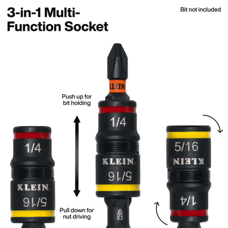 Graphic demonstrating 3-in-1 socket operation where pushing up holds insert bits and pulling down engages 1/4 and 5/16-inch hex nut driving.