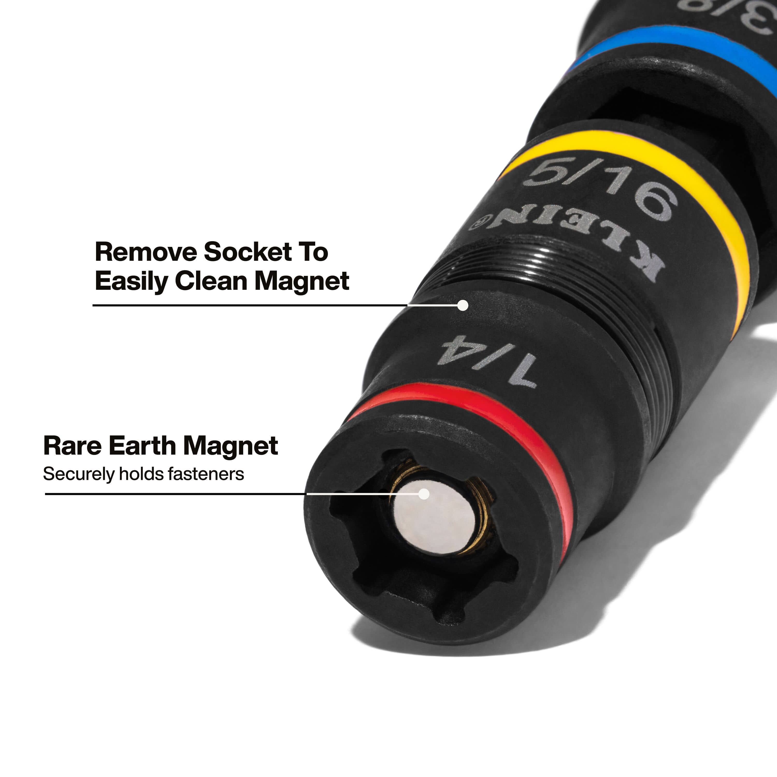 End view of the 1/4-inch socket opening showing the Rare-Earth magnet that securely holds fasteners and detaches for easy cleaning.