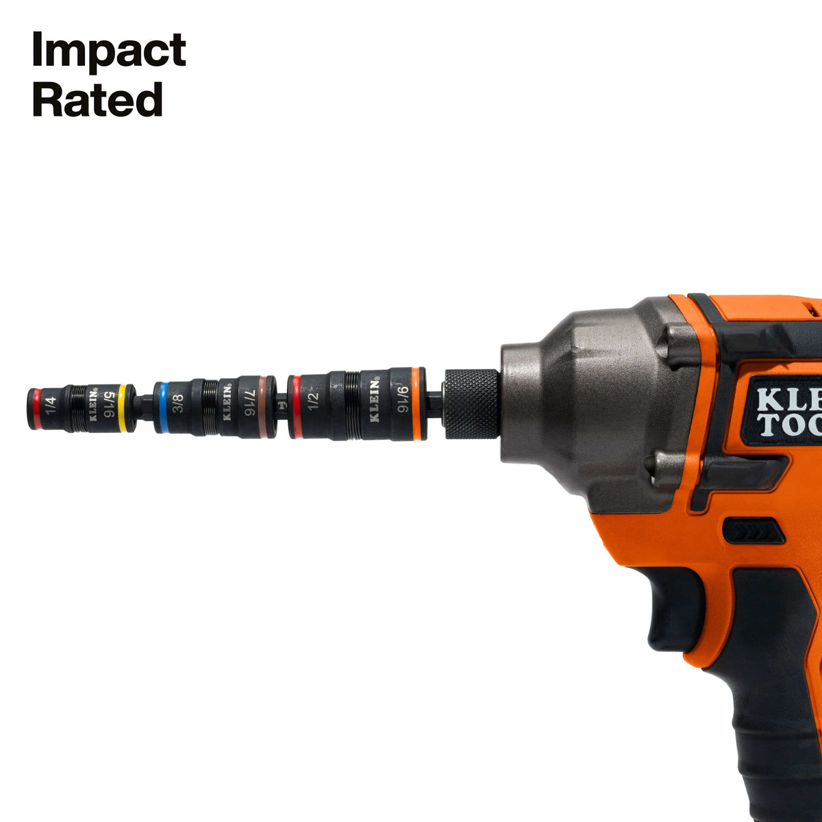 Klein 32910RCHT flip socket shaft assembly locked into a power impact driver chuck to highlight high-torque driver compatibility.