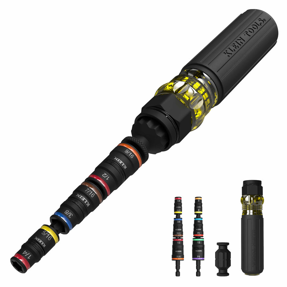 Klein 32914HD 14-in-1 flip socket screwdriver showing mounted SAE sockets on the shaft alongside metric sockets, adapter, and Cushion-Grip handle.