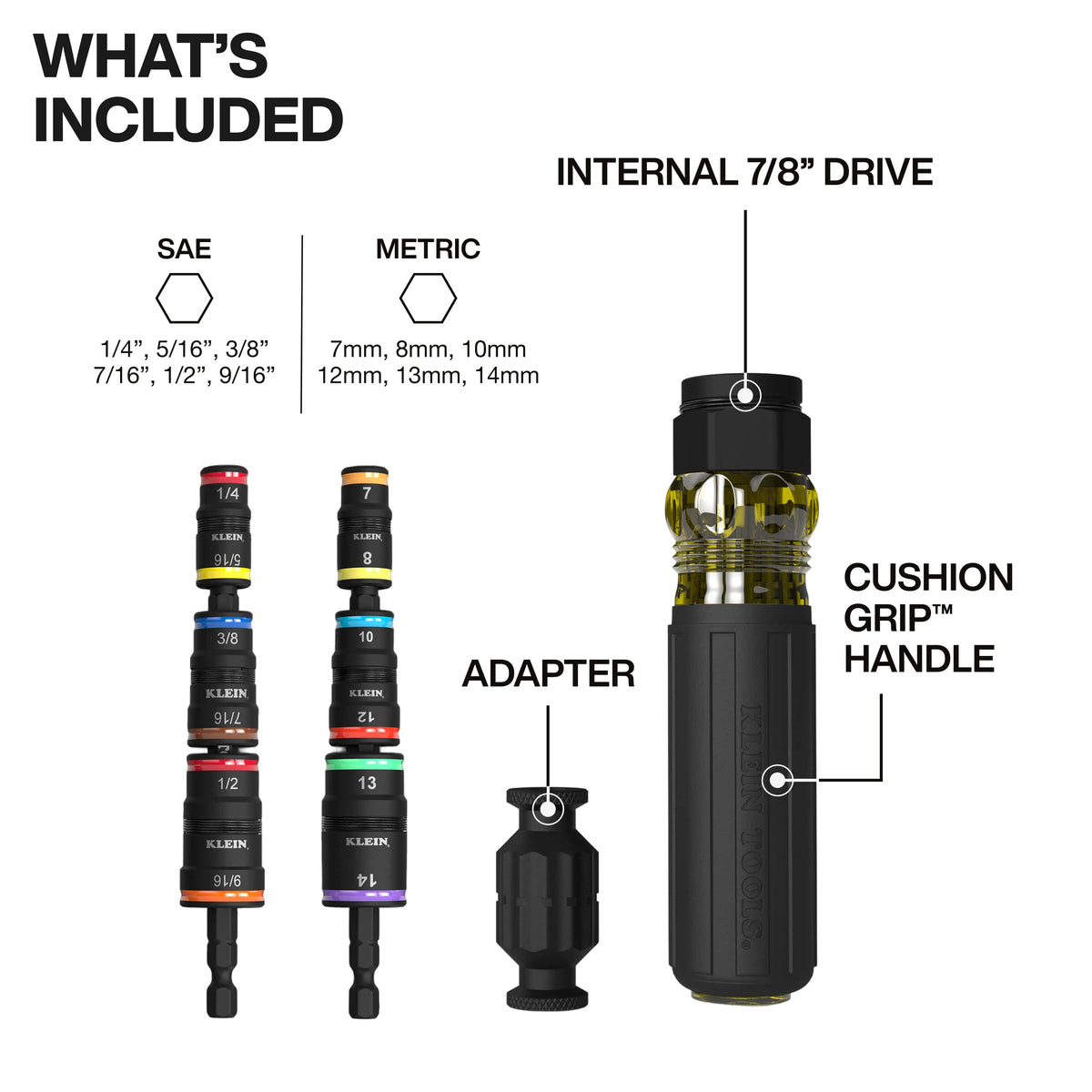 Diagram detailing included components: 6 SAE sizes, 6 Metric sizes, bit holder adapter, and Cushion-Grip handle with internal 7/8-inch drive.