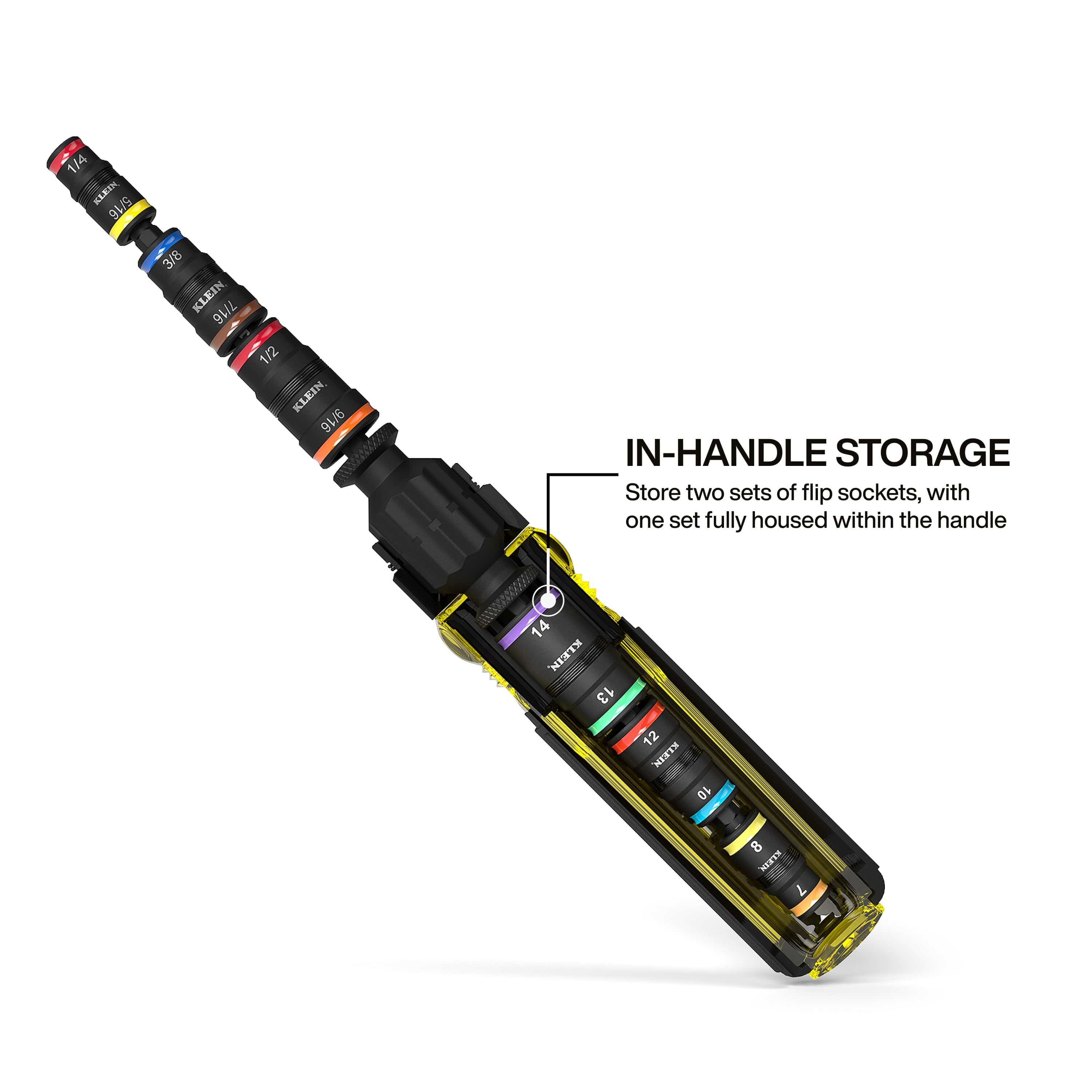 Cutaway diagram showing in-handle storage that allows a full set of flip sockets to store inside the Cushion-Grip handle chamber.