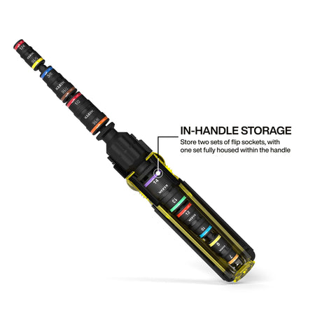 Cutaway diagram showing in-handle storage that allows a full set of flip sockets to store inside the Cushion-Grip handle chamber.