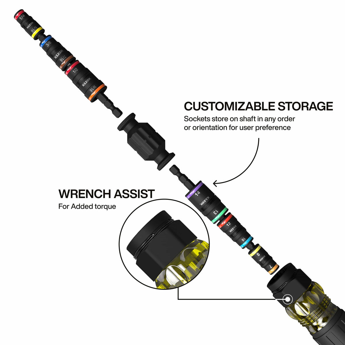 Diagram illustrating customizable shaft storage and the hex wrench-assist bolster designed to add extra manual leverage torque.