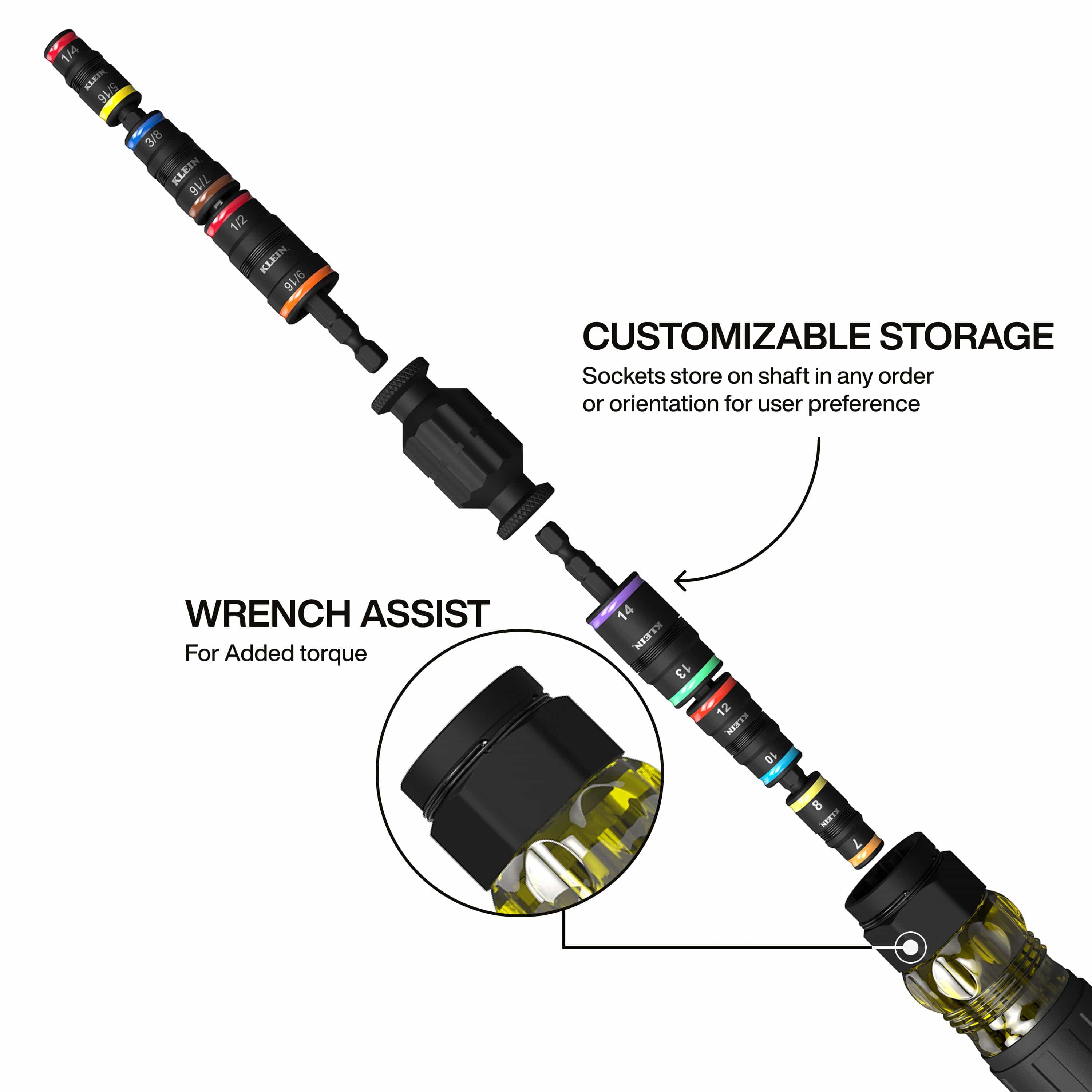 Diagram illustrating customizable shaft storage and the hex wrench-assist bolster designed to add extra manual leverage torque.