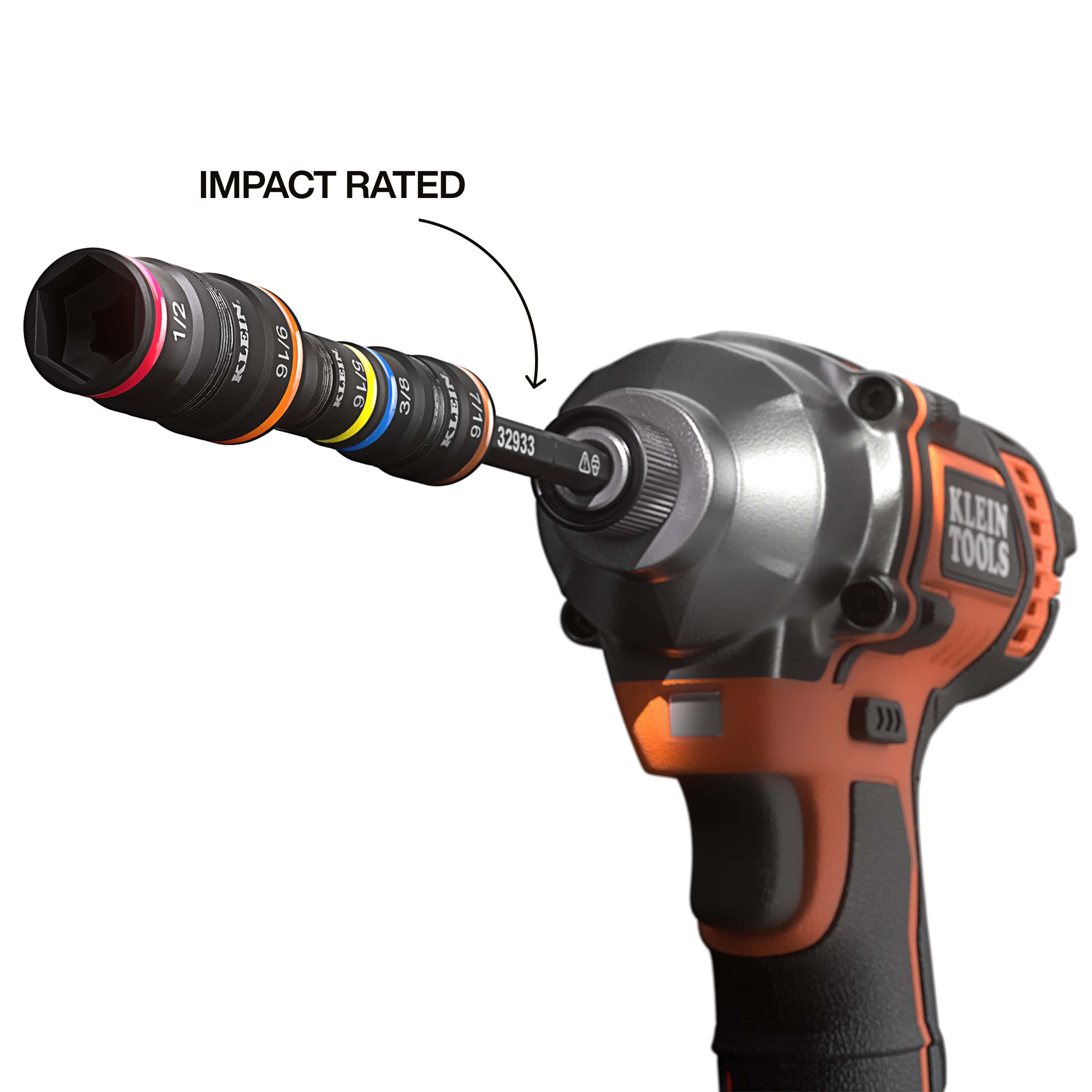 Klein 32914HD impact-rated flip socket set attached to a cordless impact driver chuck for high-torque power driving applications.