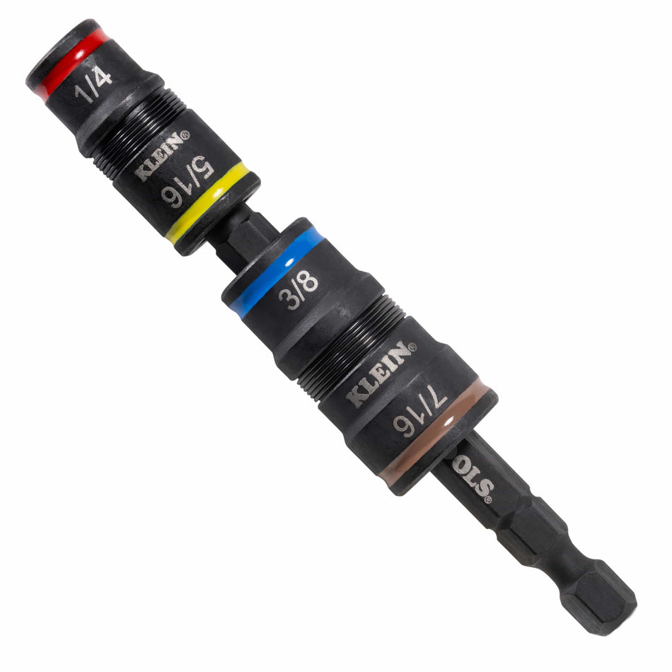 Klein 32932 5-in-1 impact flip socket set displaying stacked 1/4, 5/16, 3/8, and 7/16-inch sockets on a 1/4-inch hex driver shank.