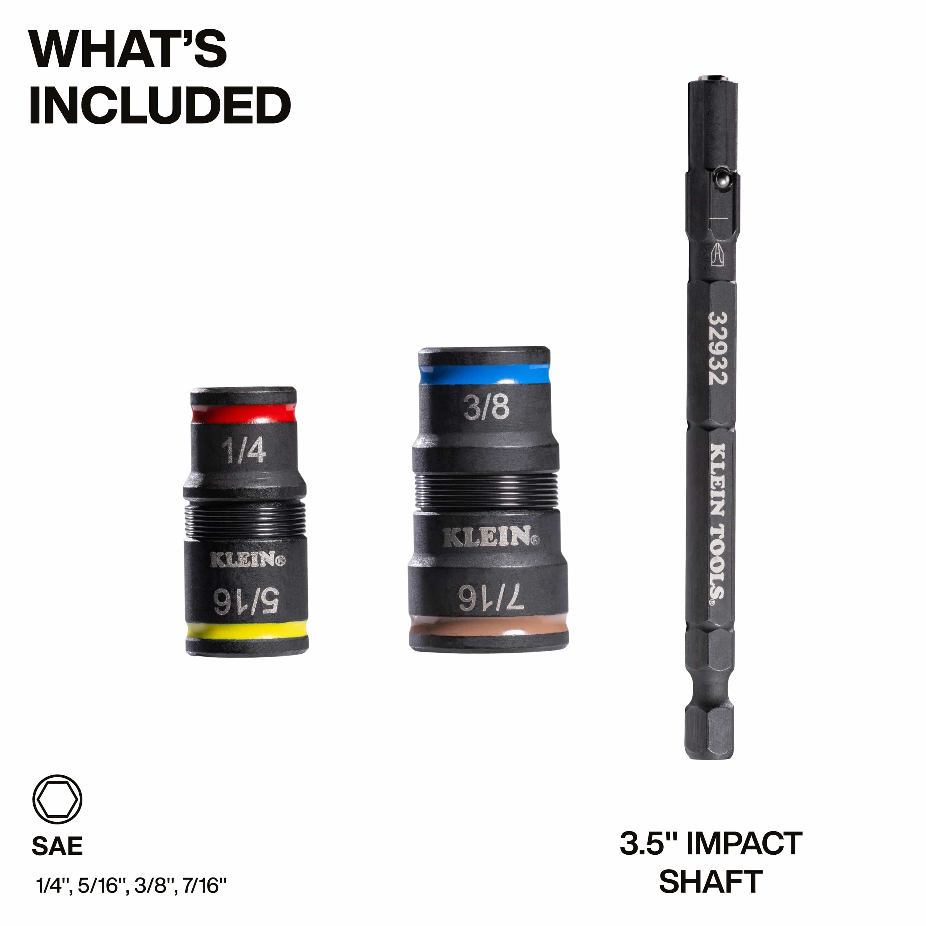 Diagram showing included components: two reversible flip sockets covering four SAE hex sizes and a 3.5-inch impact extension shaft.