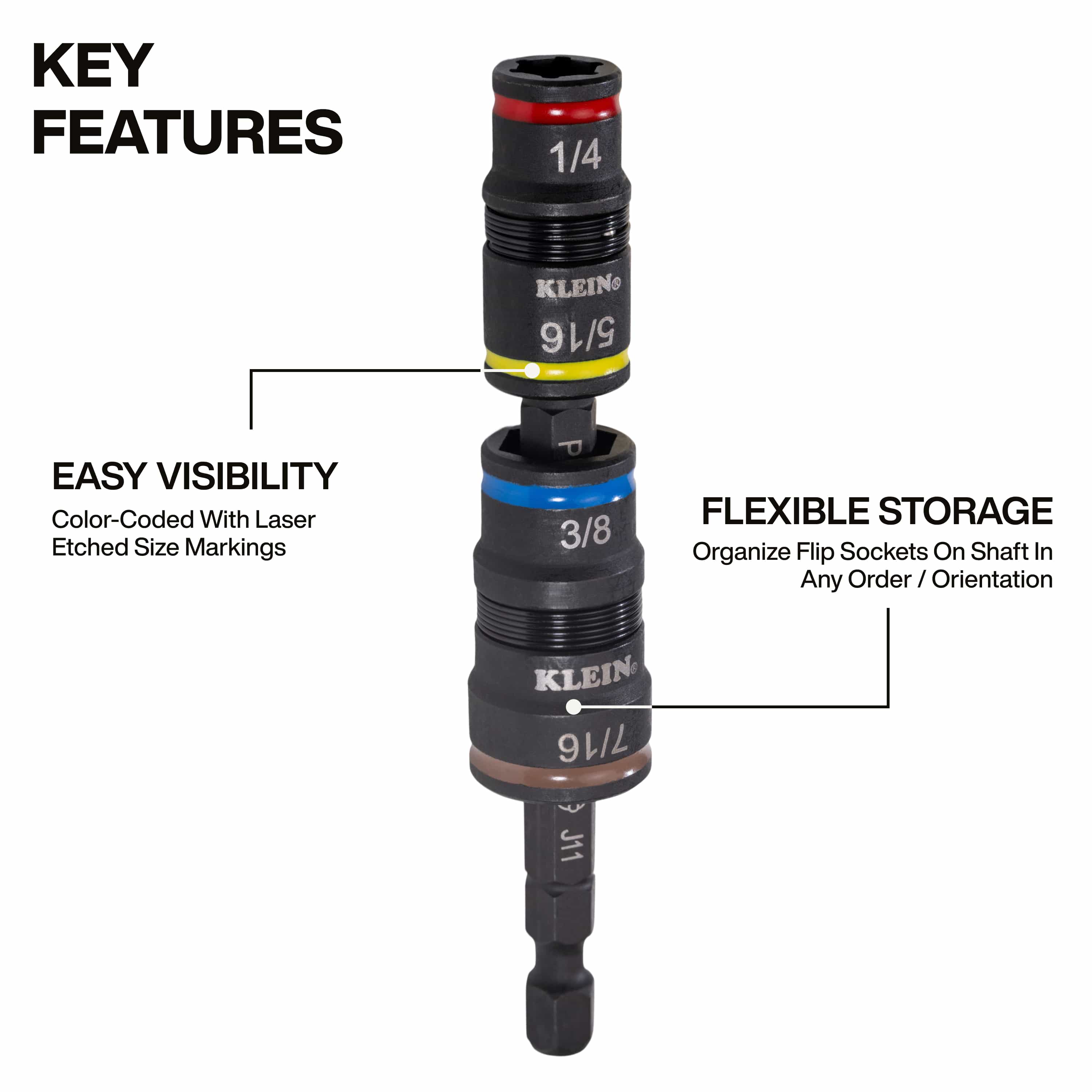 Diagram highlighting color-coded laser-etched size markings and flexible socket positioning along the 1/4-inch hex extension shaft.