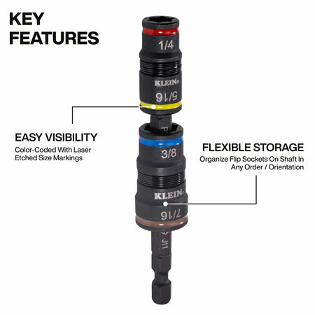 Diagram highlighting color-coded laser-etched size markings and flexible socket positioning along the 1/4-inch hex extension shaft.