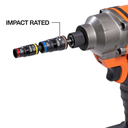 Klein 32932 5-in-1 flip socket set mounted in a cordless impact driver chuck to highlight high-torque power tool compatibility.