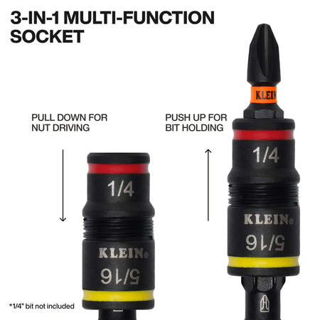 Close-up of the Klein 32931 socket showing high-visibility color bands and laser-etched 1/4 and 5/16-inch size markings.