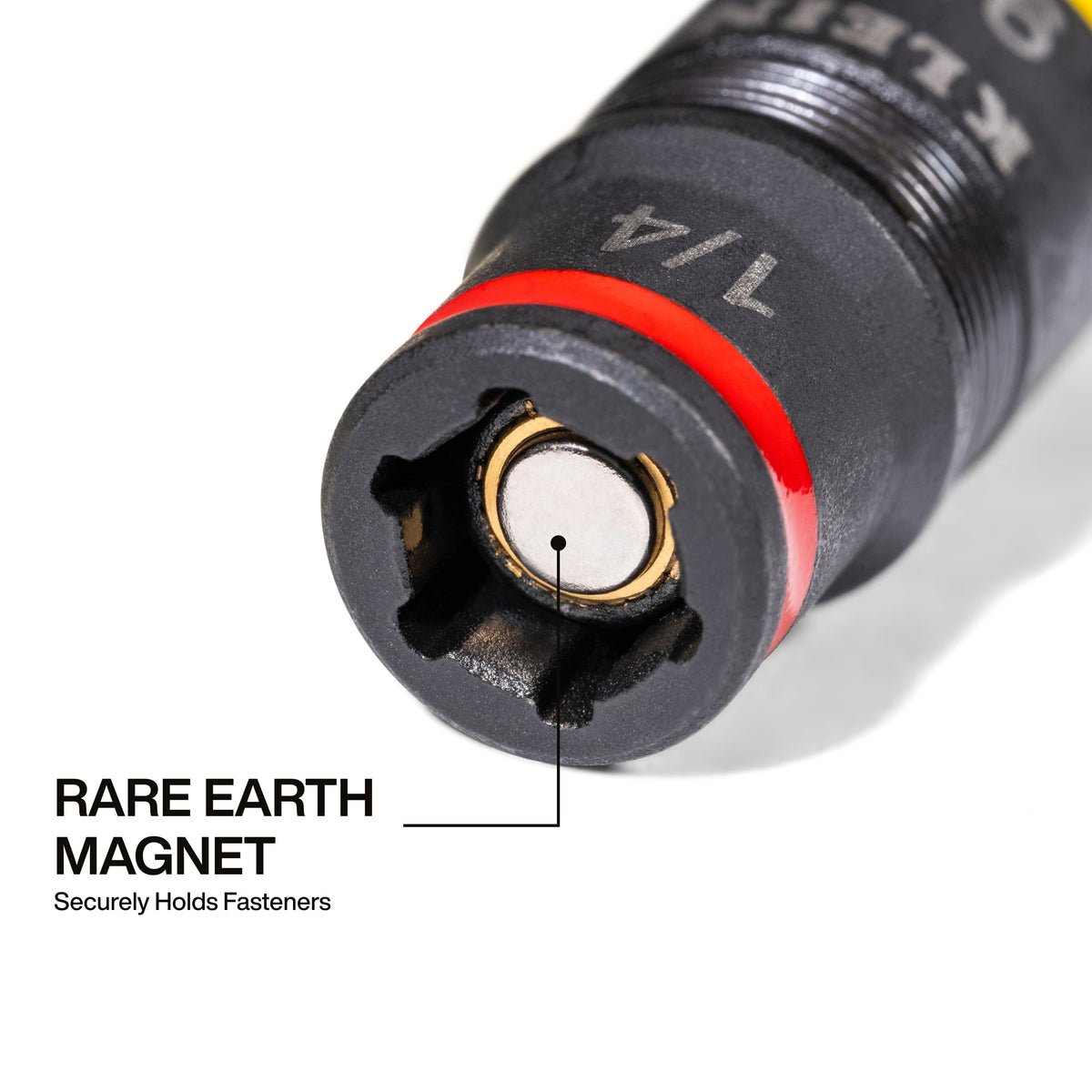Overview of included parts displaying the dual-ended 1/4 and 5/16-inch SAE flip socket next to the 2-inch impact extension shaft.