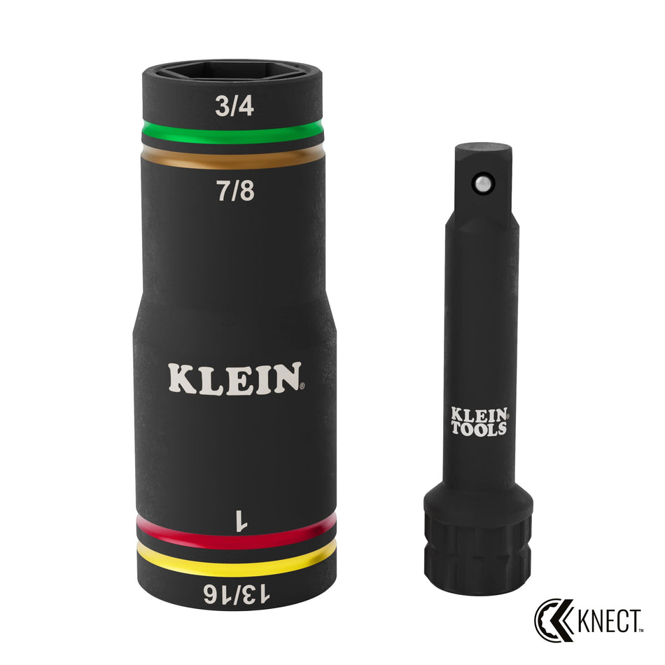 Klein Tools Impact Flip Socket Set 6513QS 2 Piece Quad 4 (3/8 Inch Drive 4 in 1 SAE Spring Loaded Cold Forged Steel Hex Hardware Fastening)
