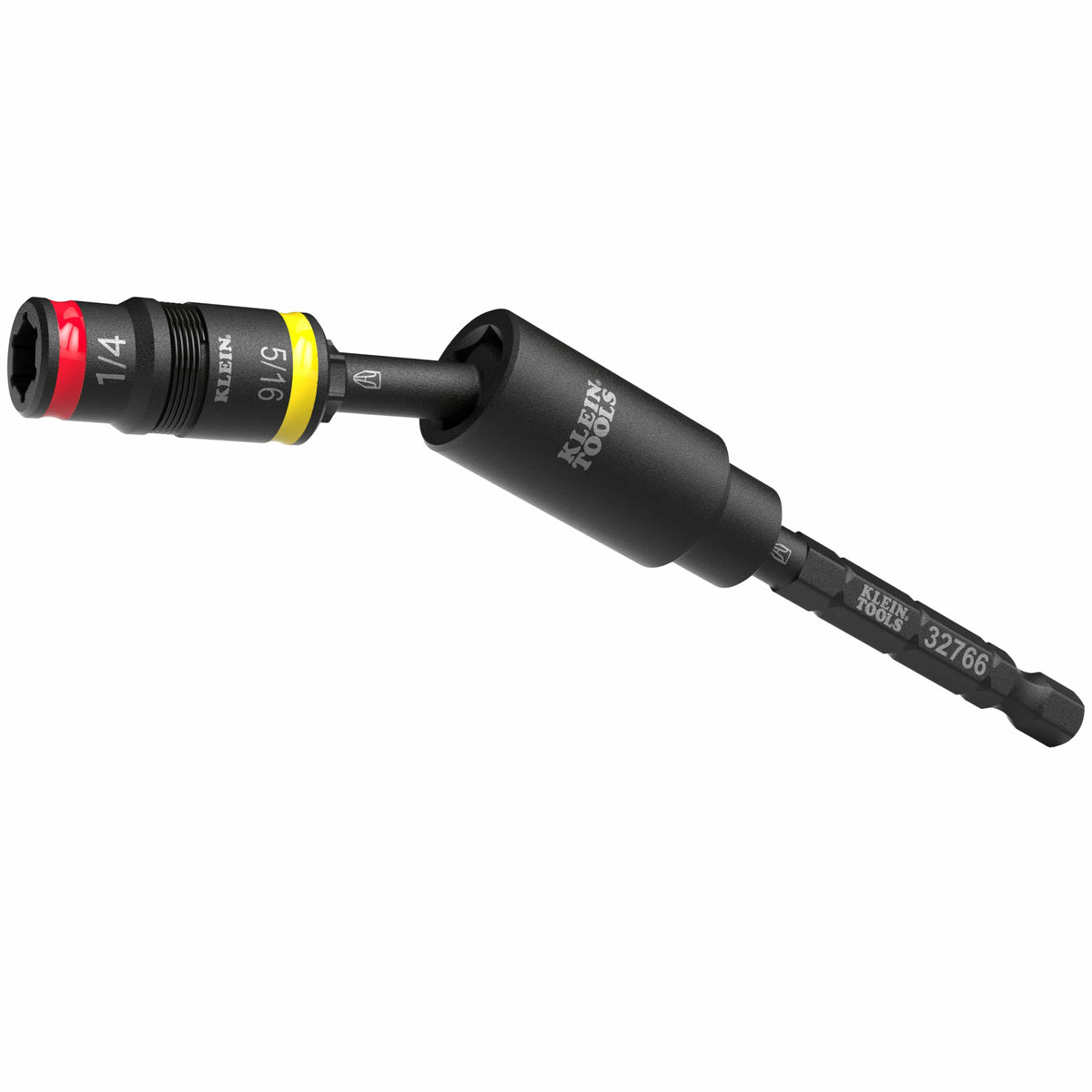Klein 32982 3-piece magnetic flip socket adapter set pivoted at 25 degrees to access confined 1/4 and 5/16-inch hex fasteners.