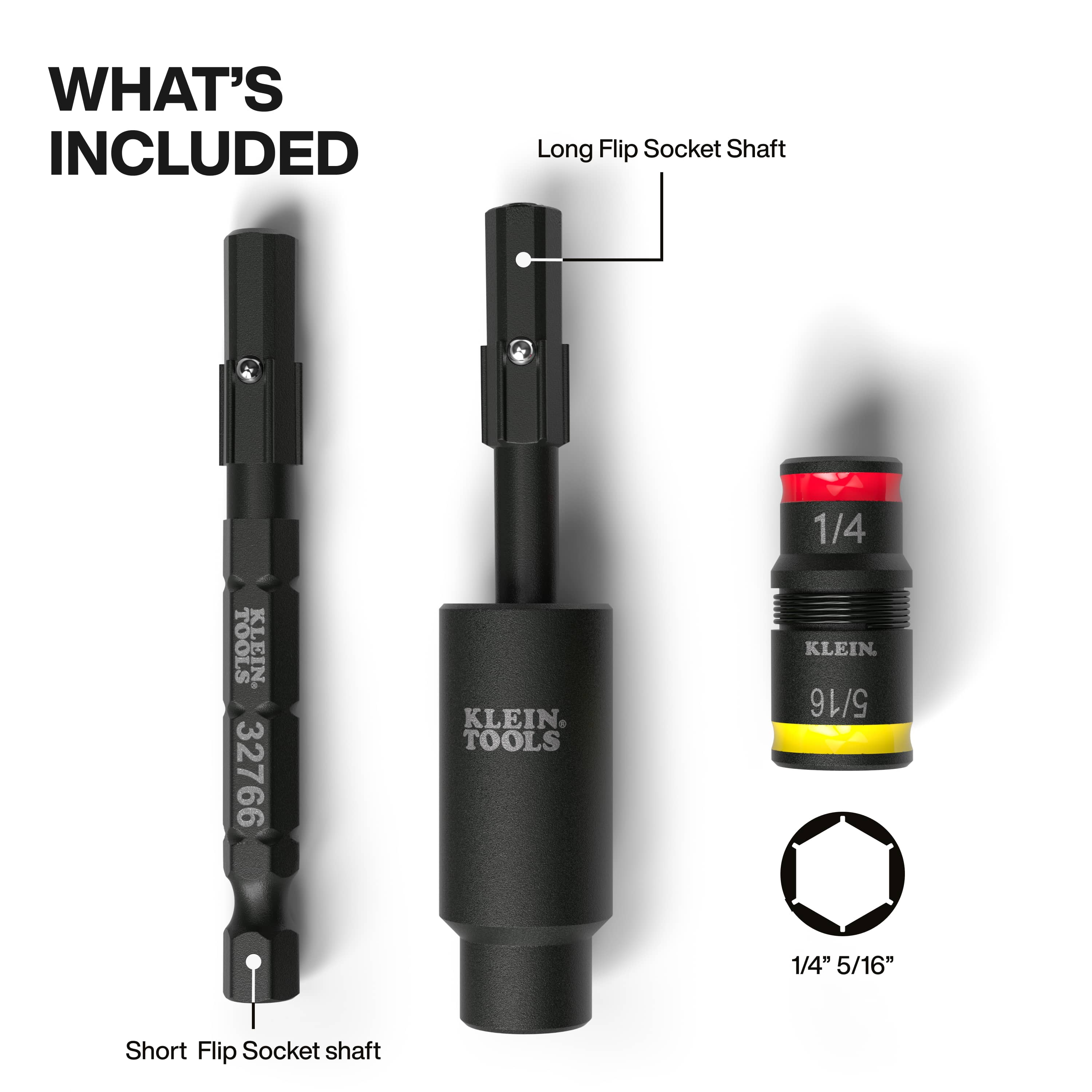 Diagram showing the short flip socket shaft, detachable 25-degree swivel driver body, and 1/4 to 5/16-inch dual hex socket sleeve.