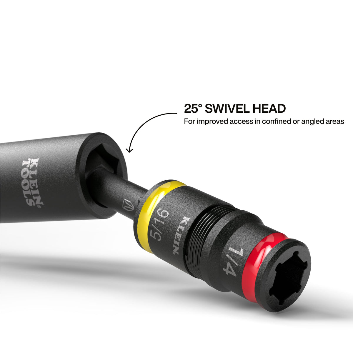 Diagram detailing the 25-degree swivel joint articulation on the Klein 32982 impact adapter for off-axis power driving.
