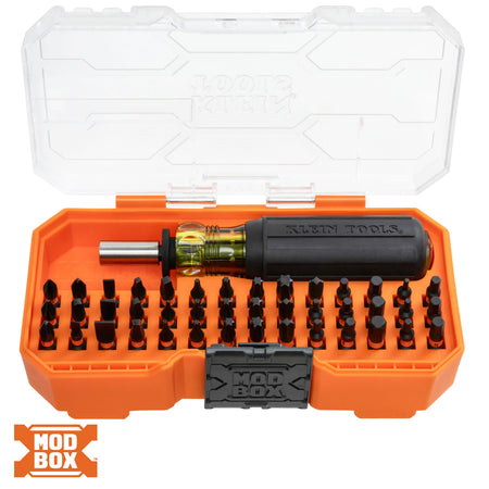 Klein Tools 33803 44-piece ProFlex impact driver set displayed inside an open MODbox storage case showing 42 bits and handle.