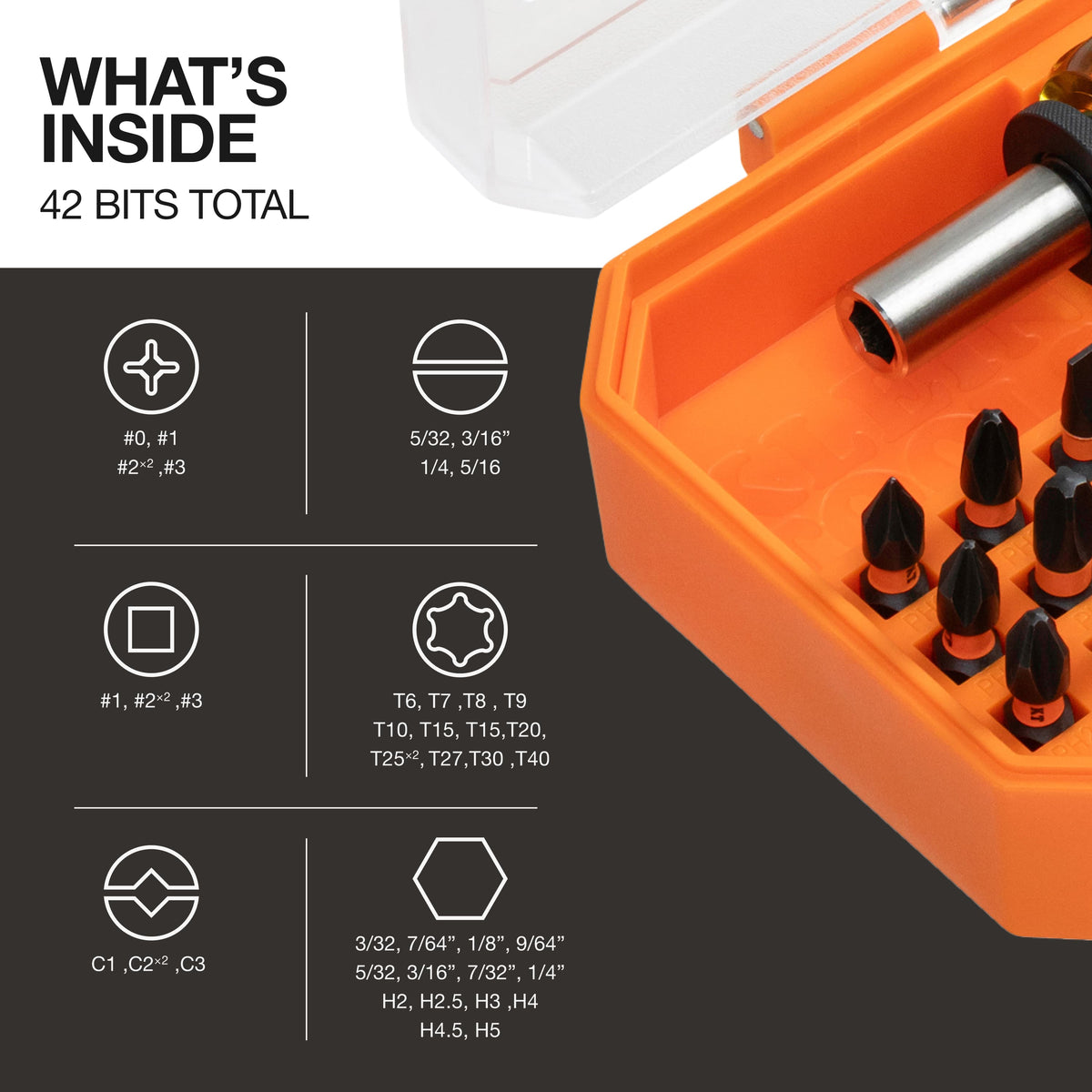 Diagram detailing bit profiles in the Klein 33803 kit, including Phillips, slotted, square, TORX, combo, and hex options.