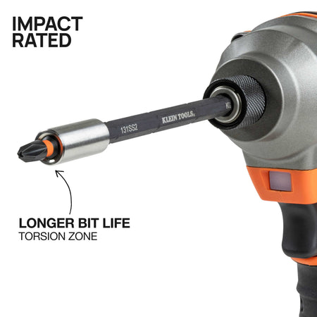 Power impact driver equipped with a Klein S2 steel ProFlex torsion bit designed to absorb high torque and extend service life.
