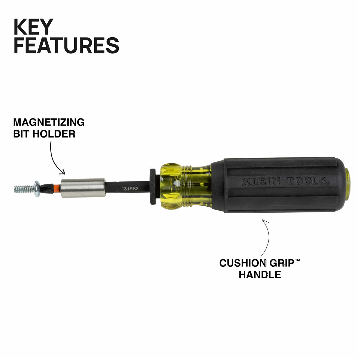 Diagram of the Klein Cushion-Grip screwdriver handle with a magnetizing bit holder holding a small metal screw securely.