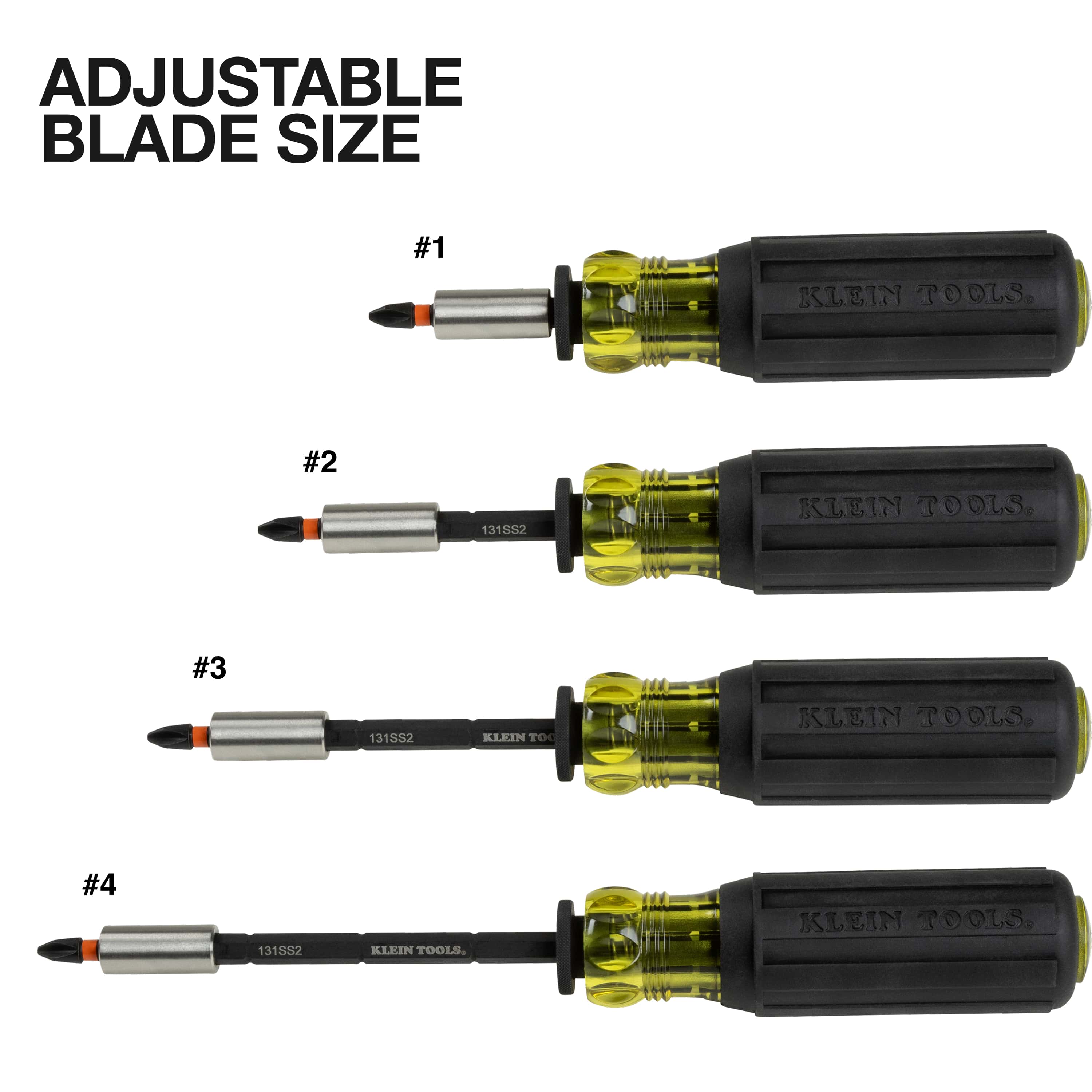 Diagram showing four adjustable blade reach lengths on the Klein magnetic screwdriver shaft for reaching recessed screws.
