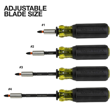 Diagram showing four adjustable blade reach lengths on the Klein magnetic screwdriver shaft for reaching recessed screws.