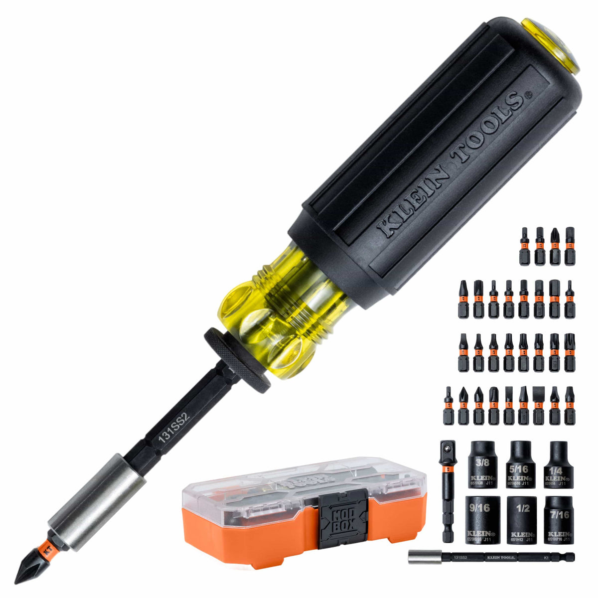 Klein 33805 Cushion-Grip driver handle positioned next to 29 impact bits, 6 nut driver sockets, adapter, and MODbox storage case.